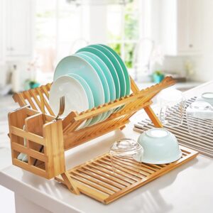 Bamboo Dish Drying Rack Set 3 Tier Foldable Drainer with Utensil Holder and Mat