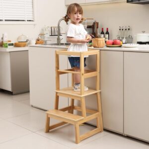 Kitchen Helper Stool for Kids Solid Bamboo Step Stool with Safety Rail