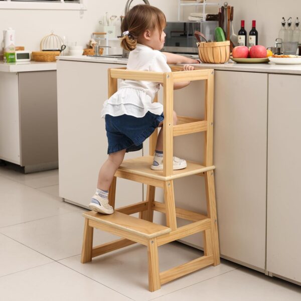 Kitchen Helper Stool for Kids Solid Bamboo Step Stool with Safety Rail - Image 2