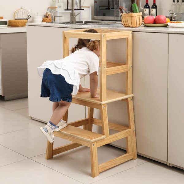 Kitchen Helper Stool for Kids Solid Bamboo Step Stool with Safety Rail - Image 3