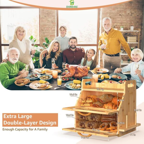 Wholesale Double Layer Bamboo Bread Box - Large Capacity with Window Tool Holder - Image 4