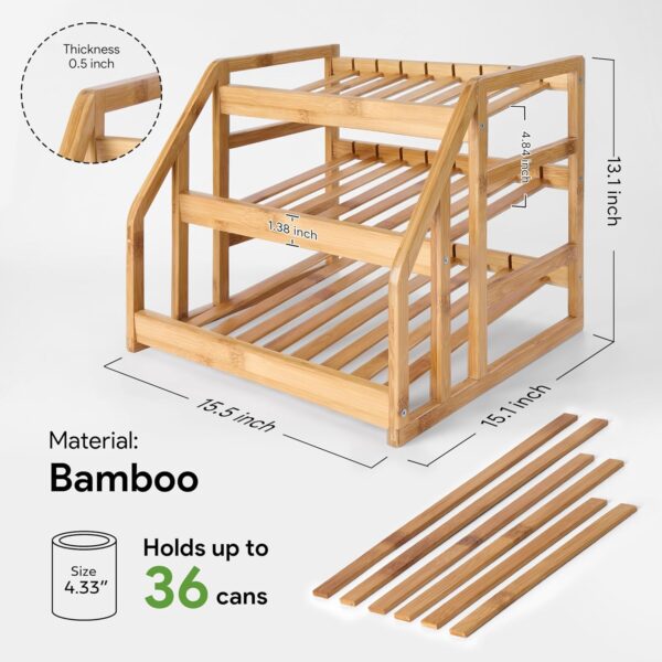 Organizzatore per lattine in bambù a 3 livelli all'ingrosso - Contiene 36 lattine - Dispenser inclinabile OEM - Immagine 5