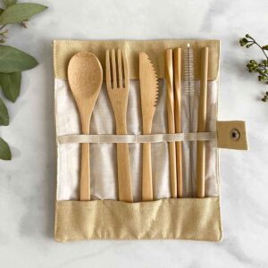 Eco-Friendly Bamboo Cutlery Set with Chopsticks Fork Spoon Knife Straws Brush & Pouch Wholesale