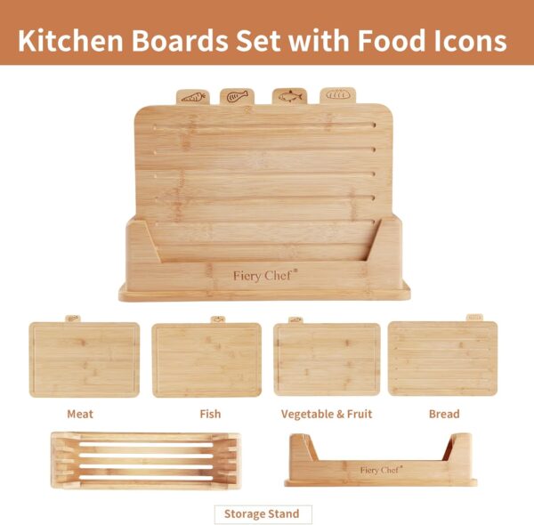 Wholesale Bamboo Cutting Board Set of 4 - With Holder Food Icons Juice Groove OEM - Image 3