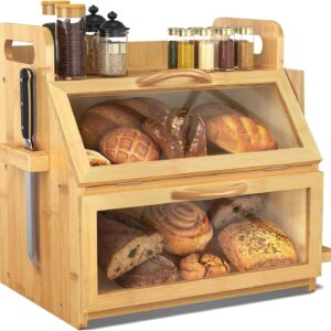 Wholesale Double Layer Bamboo Bread Box - Large Capacity with Window Tool Holder