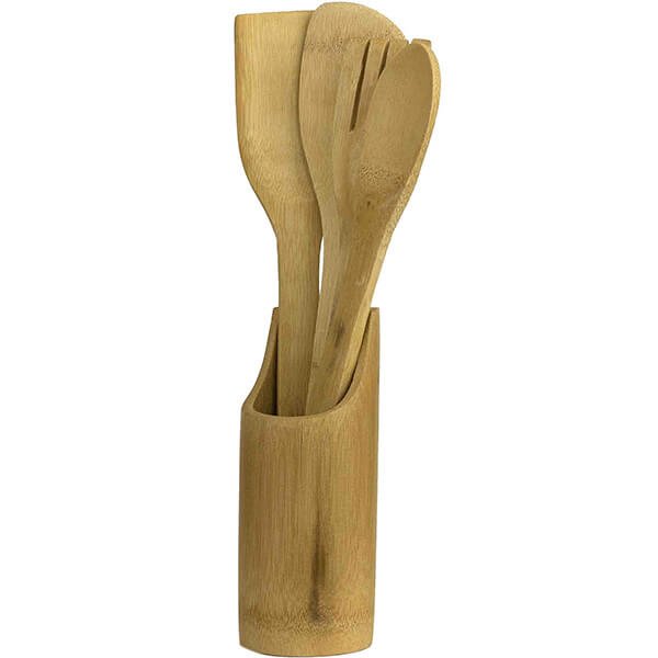 5 Piece Bamboo Cooking Utensil Set with Holder by Home Basics Spatula Mixing Spoon Fork Spoon 2