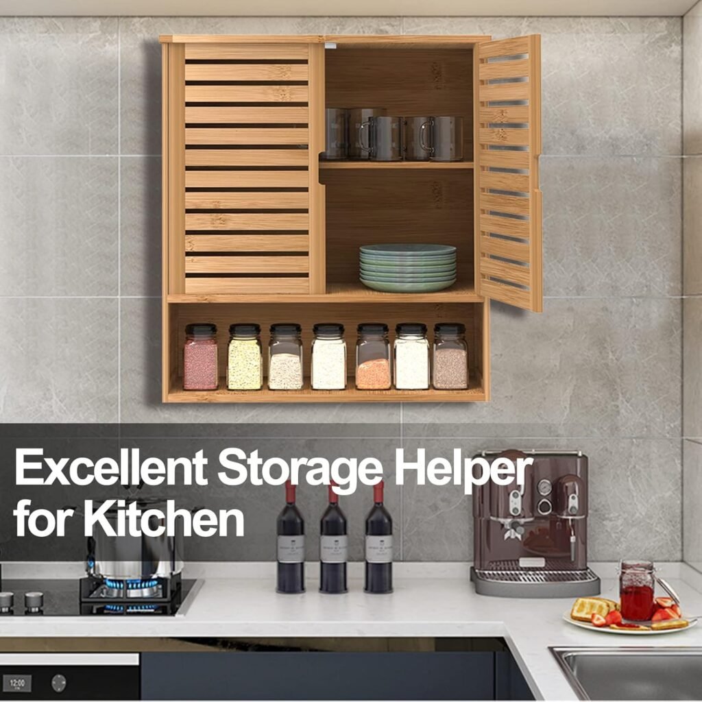 Bamboo Bathroom Wall Cabinet – Wall Mounted Medicine Storage Organizer with Double Doors Adjustable 3 Tier Shelves 1