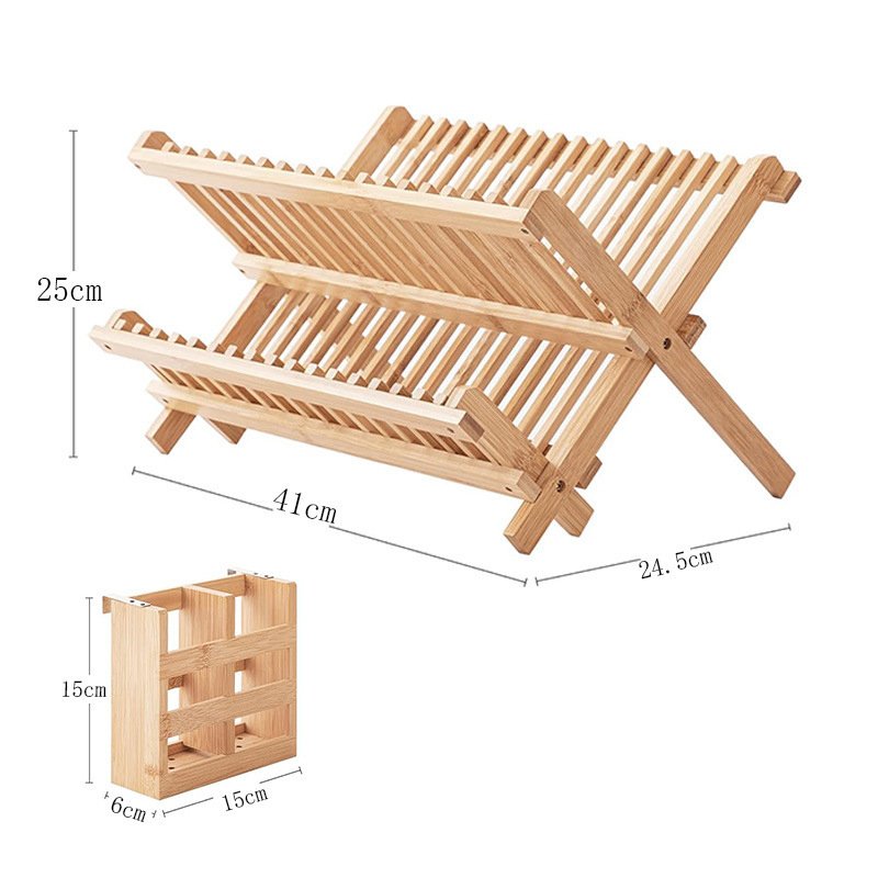 Bamboo Dish Drying Rack Set 3 Tier Foldable Drainer with Utensil Holder and Mat 1
