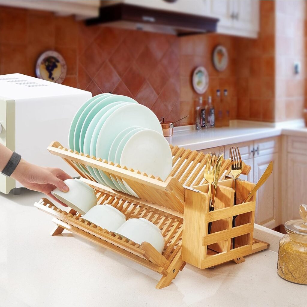 Bamboo Dish Drying Rack Set 3 Tier Foldable Drainer with Utensil Holder and Mat 2