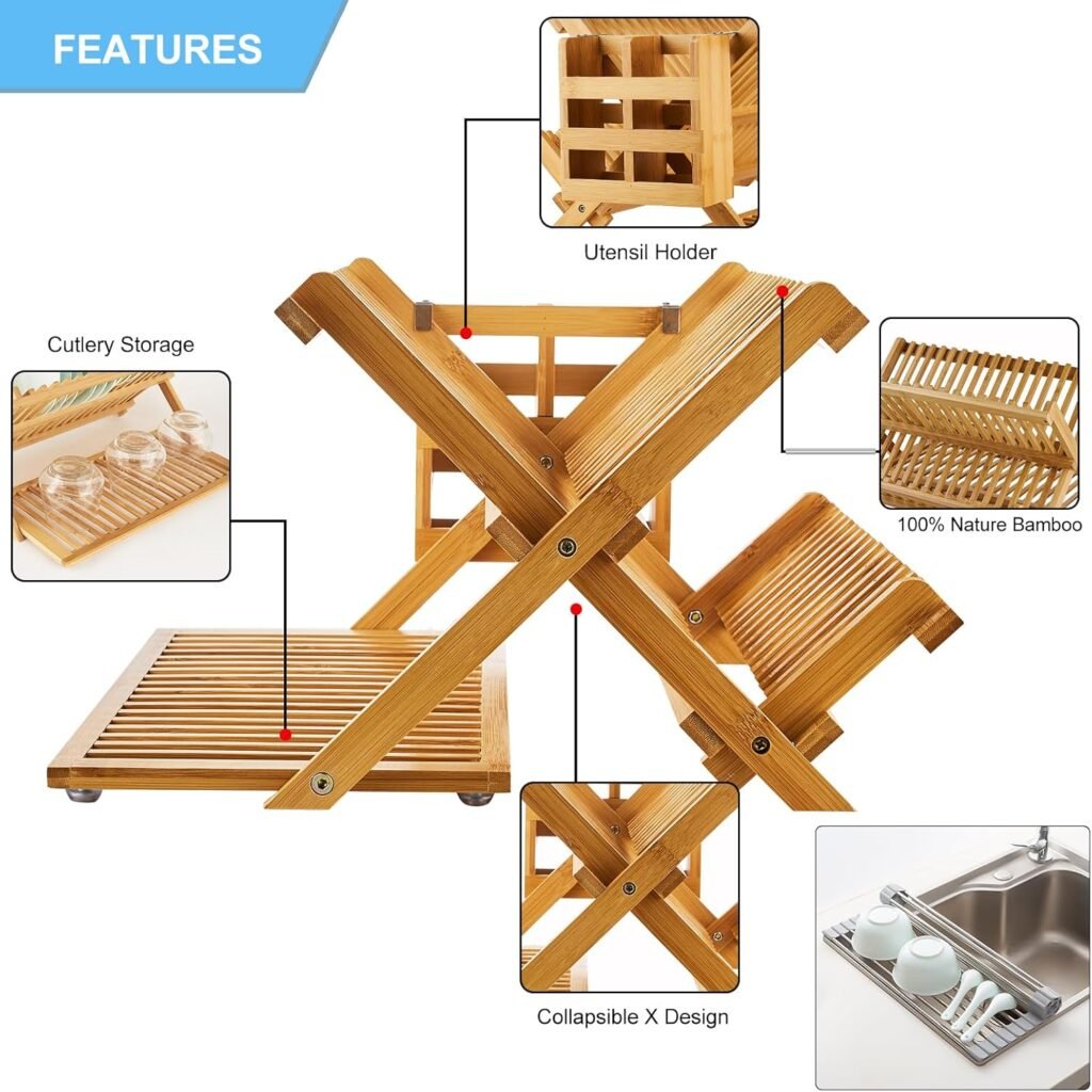 Bamboo Dish Drying Rack Set 3 Tier Foldable Drainer with Utensil Holder and Mat 3