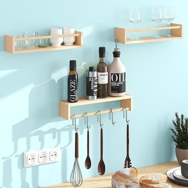 Bathroom Wall Mounted Floating Shelves Set – Kitchen Living Room Rustic Wood Storage Racks 1 1