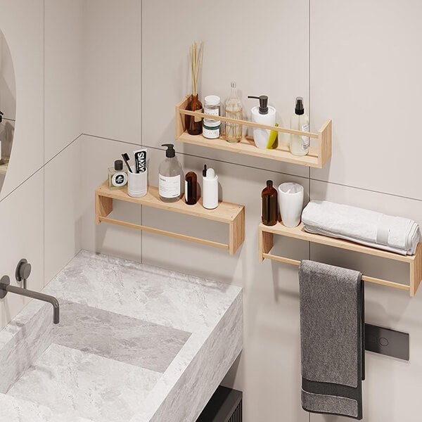 Bathroom Wall Mounted Floating Shelves Set – Kitchen Living Room Rustic Wood Storage Racks 2