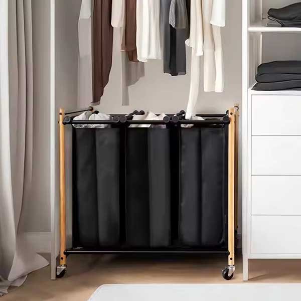 Clothes Separator Bamboo 3 Bag Laundry Hamper Cart 3