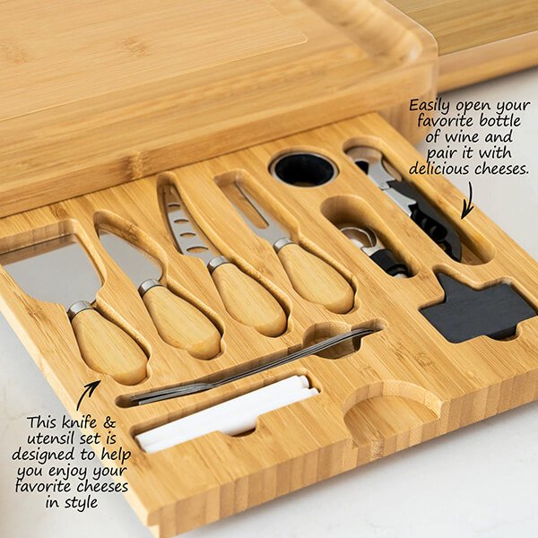 Custom Wholesale Foldable Bamboo Cheese Board Set with Ceramic Bowls Knives Large Charcuterie Platter 2