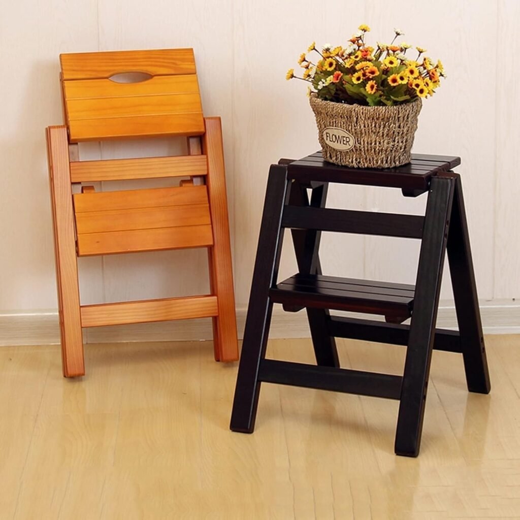 Foldable 2 Step Wooden Ladder Stool – Space Saving Solid Wood Step Stool for Kitchen Home Use 4