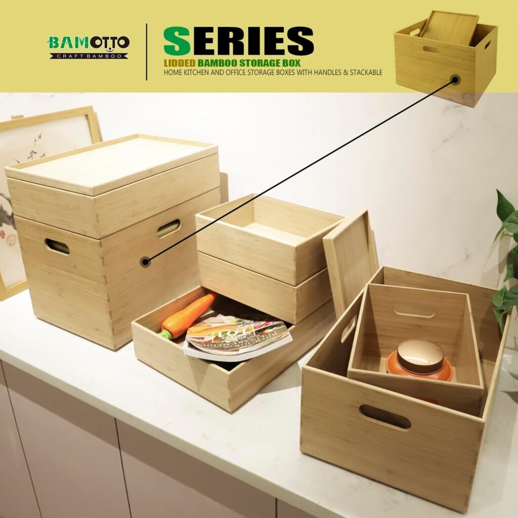 Large Organizer 100 Natural BAMOTTO Lidded Bamboo Storage Bin Stackable Box with Cut Out Handles 5