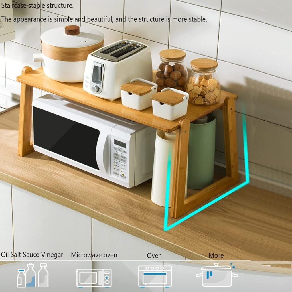 OEM Customizable Natural Bamboo Countertop Microwave Rack 2 Tier Kitchen Storage Shelf 5