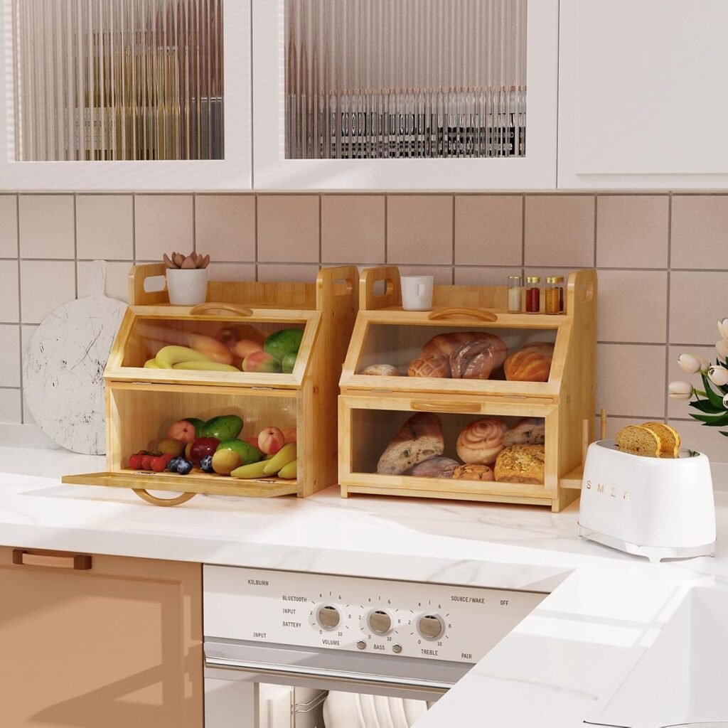 Wholesale Double Layer Bamboo Bread Box – Large Capacity with Window Tool Holder 1